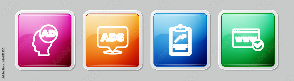 Set line Advertising, , Clipboard with graph chart and Website template. Colorful square button. Vector Set line Advertising, , Clipboard with graph chart and Website template. Colorful square button. Vector