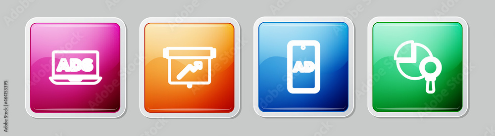 Set line Advertising, Board with graph chart, and Magnifying glass and analysis. Colorful square button. Vector Set line Advertising, Board with graph chart, and Magnifying glass and analysis. Colorful square button. Vector