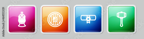 Set line Medieval iron helmet, Round wooden shield, Decree, parchment, scroll and Hammer. Colorful square button. Vector