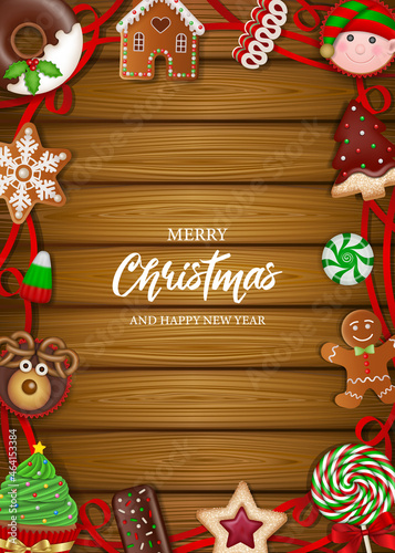 Christmas poster with sweets and red ribbons on wooden background