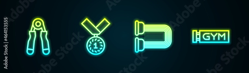 Set line Sport expander, Medal, Chest and Location gym. Glowing neon icon. Vector