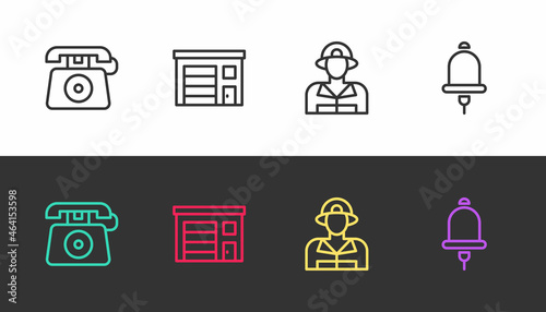 Set line Telephone call 911, Building of fire station, Firefighter and Ringing alarm bell on black and white. Vector