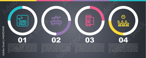 Set line Smoking area, Draisine or handcar, Toilet the train and Waiting room. Business infographic template. Vector