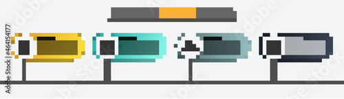 Set line Ticket office to buy tickets, Plate with food, Passenger train cars and Broken rails on railway. Business infographic template. Vector