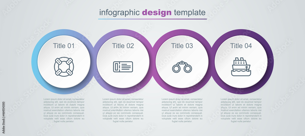 Set line Lifebuoy, Cruise ticket, Binoculars and ship. Business infographic template. Vector