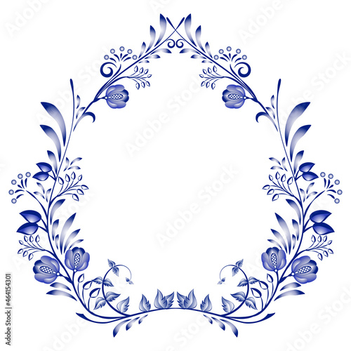 Blue and white floral frame. Pattern with bouquets of flowers and curls. Card in style of ethnic blue cobalt painting on porcelain. Print for wedding invitations, postcards and other projects.