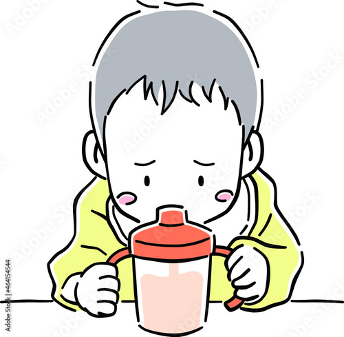 自分でミルクを飲む難しい顔の赤ちゃんのイラスト素材