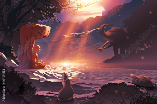 a holy monk who has attained the highest enlightenment is meditating and giving dharma to devas in the deep forest