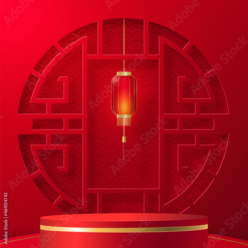 3d Podium round, square box stage podium and paper art Chinese new year,Chinese Festivals, Mid Autumn Festival, red paper cut, fan, flower and asian elements with craft style on background.