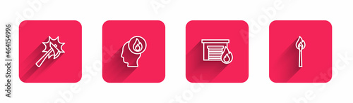 Set line Firefighter axe, , in burning garage and Burning match with fire with long shadow. Red square button. Vector