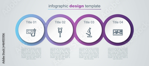 Set line Ultrasound, Crutch or crutches, Microscope and Monitor with cardiogram. Business infographic template. Vector