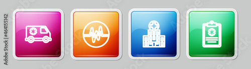 Set line Emergency car, Heart rate, Medical hospital building and Clinical record. Colorful square button. Vector