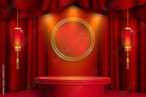 3d Podium round, square box stage podium and paper art Chinese new year,Chinese Festivals, Mid Autumn Festival, red paper cut, fan, flower and asian elements with craft style on background.