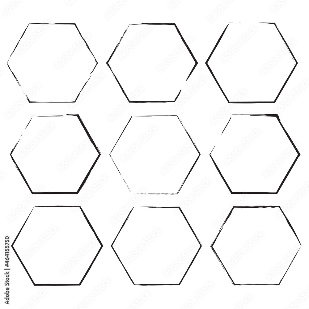 Black grunge hexagon frame. Icon set. Geometric shapes. Hand drawn sketch. Art design. Vector illustration. Stock image. 