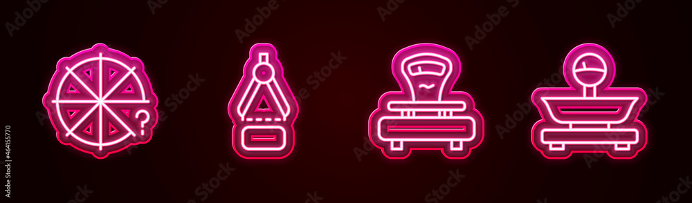 Set line Circle of pieces, Drawing compass, Scales and . Glowing neon icon. Vector Set line Circle of pieces, Drawing compass, Scales and . Glowing neon icon. Vector