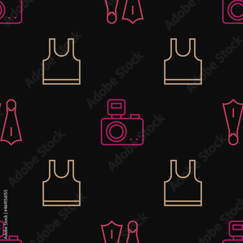Set line Rubber flippers for swimming, Sleeveless T-shirt and Photo camera with flash on seamless pattern. Vector