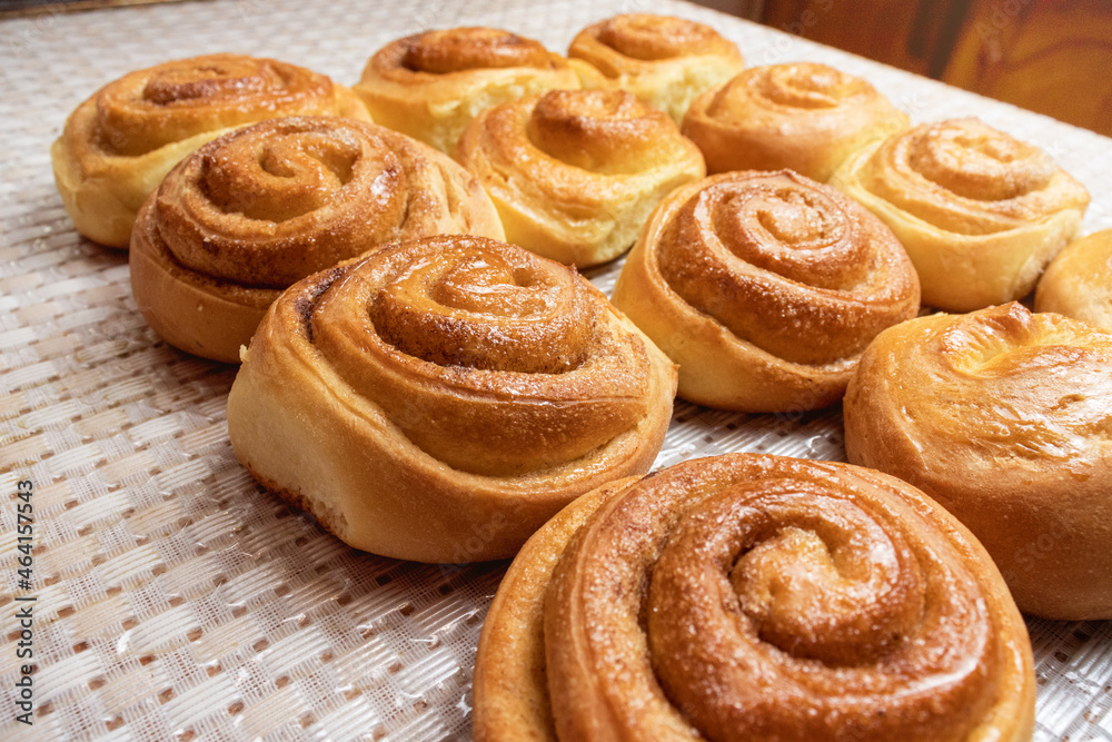 fresh buns are on the table. side view. fresh baking concept.
