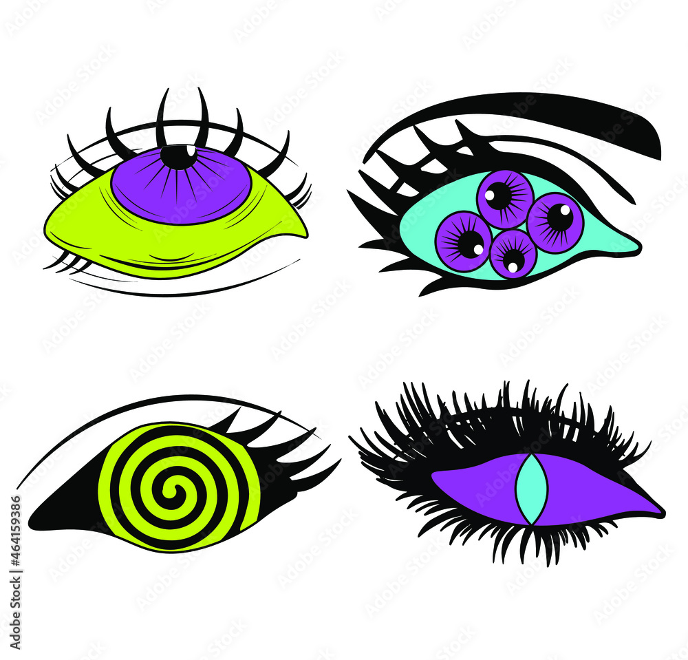 eyes set Psychedelic drawings . Crazy cartoon hand drawn colorful illus.  Acidic abstract eyes. Funny color pictures in trendy psychedelic style.  Vector illustration. Stock Vector | Adobe Stock