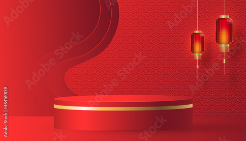3d Podium round, square box stage podium and paper art Chinese new year,Chinese Festivals, Mid Autumn Festival, red paper cut, fan, flower and asian elements with craft style on background.