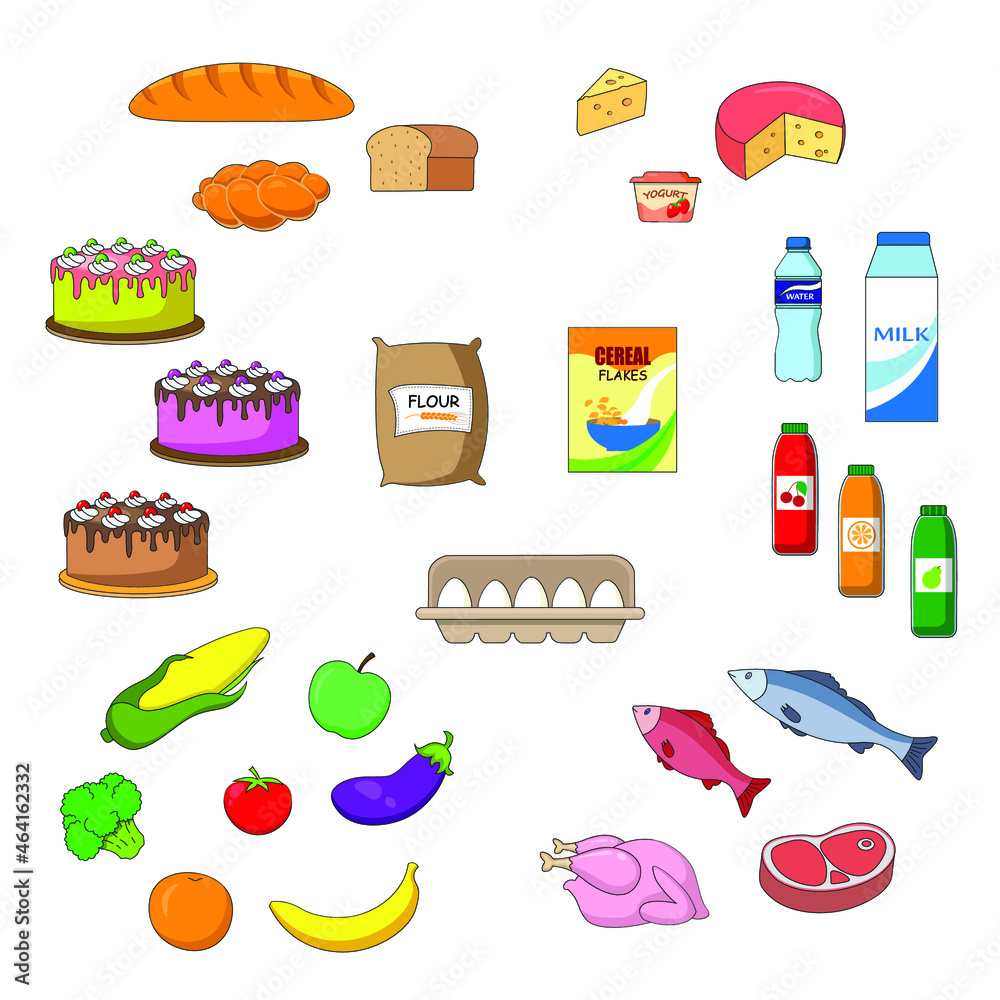 A set of common supermarket groceries. Fruits and vegetables, bakery, dairy, meats and fish, juices, cereal and flour. Vector illustration. A set of common supermarket groceries. Fruits and vegetables, bakery, dairy, meats and fish, juices, cereal and flour. Vector illustration.