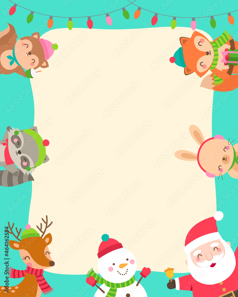 Border of santa claus, snowman and woodland animals illustration with copy space for christmas and new year card template.