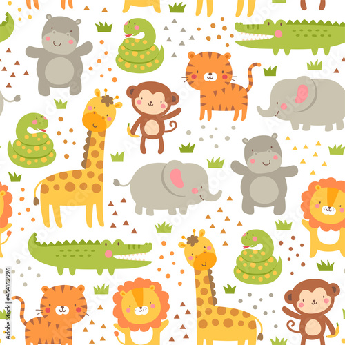 Cute safari animals seamless pattern on white background.