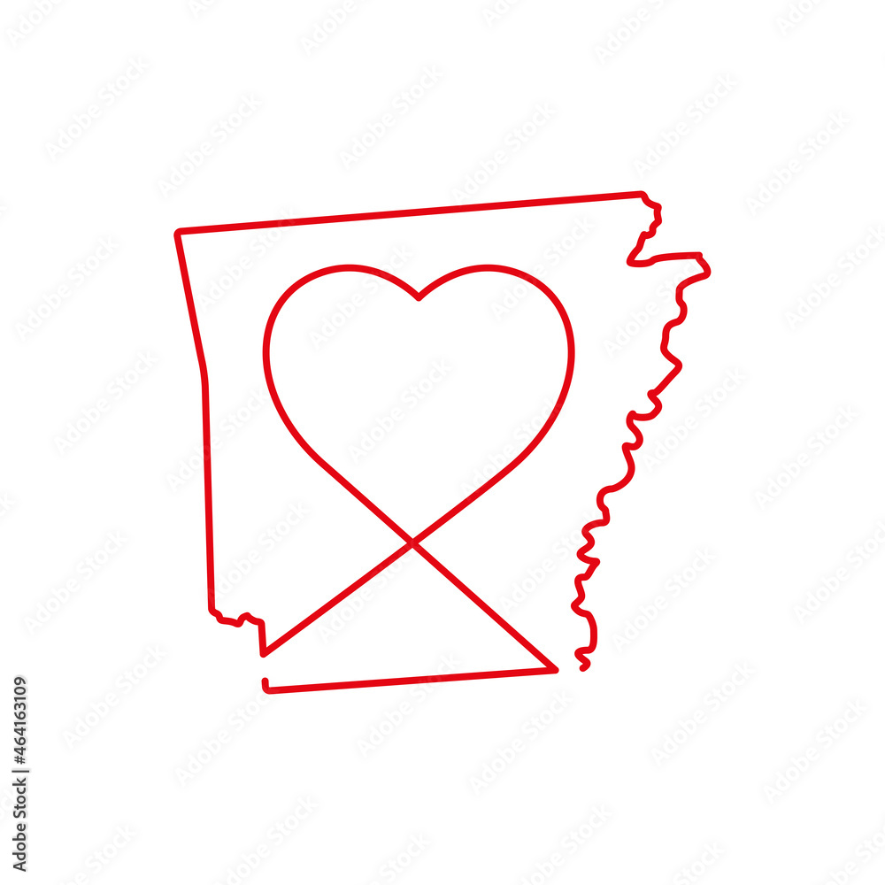 Arkansas US state red outline map with the handwritten heart shape. Vector illustration