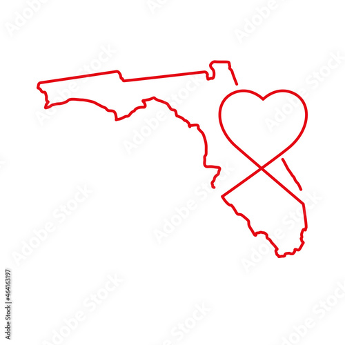 Florida US state red outline map with the handwritten heart shape. Vector illustration