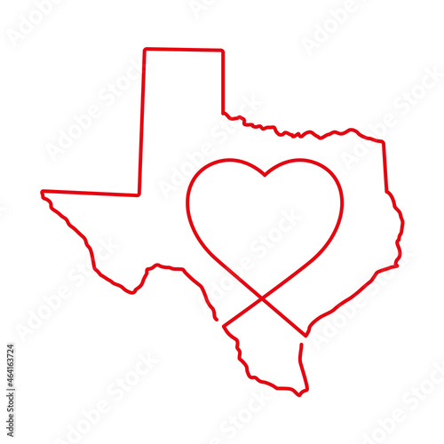 Texas US state red outline map with the handwritten heart shape. Continuous line drawing of patriotic home sign. A love for a small homeland. T-shirt print idea. Vector illustration.