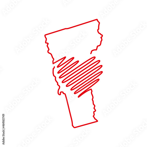 Vermont US state red outline map with the handwritten heart shape. Continuous line drawing of patriotic home sign. A love for a small homeland. T-shirt print idea. Vector illustration.