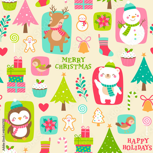 Cute polar bear, snowman, penguin, reindeer and decorative elements pattern for christmas and new year background.