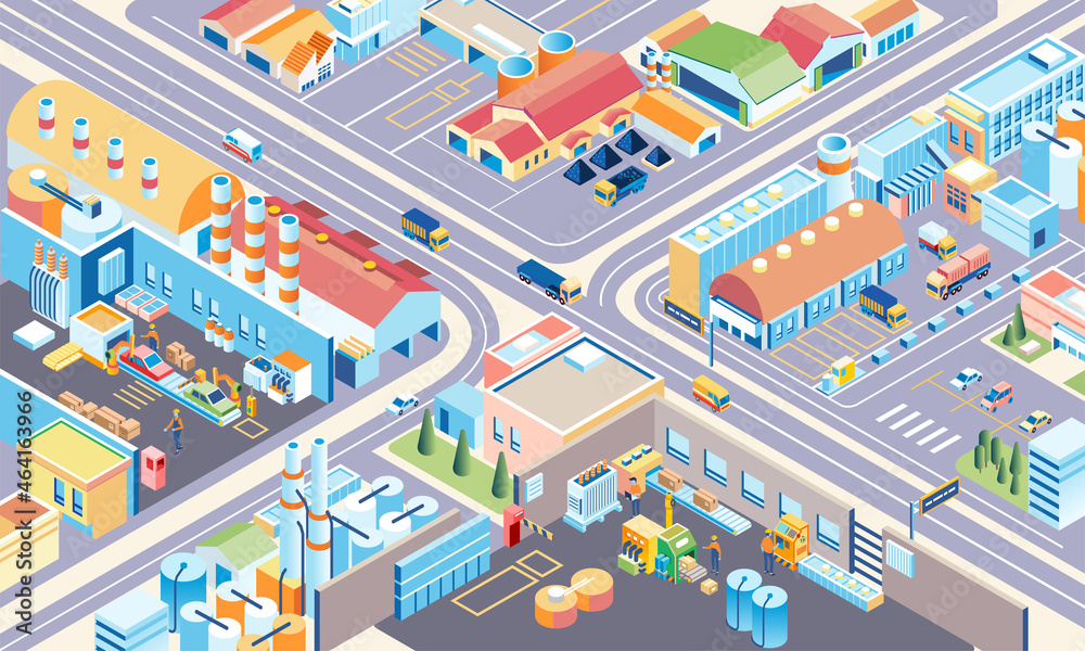 Isometric illustration of a very large industrial factory complex, people working and truck transporting goods