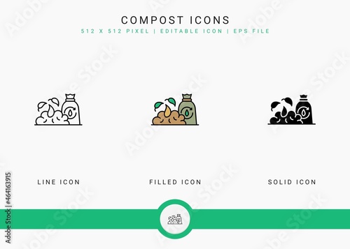 Compost icons set vector illustration with solid icon line style. Bio degradable concept. Editable stroke icon on isolated background for web design, user interface, and mobile app photo