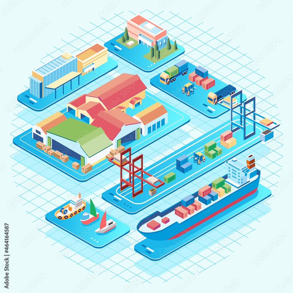 Isometric illustration of busy traffic in the port where goods go in and out, container carrier ships and container stacks are at the port