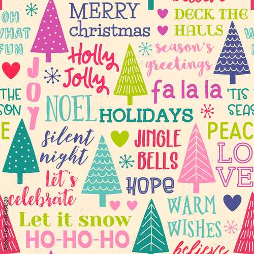 Colorful pine trees and fun typography  seamless pattern background.