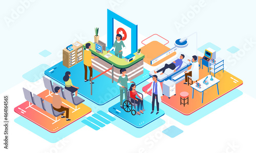 isometric illustration in a hospital, people are registering and doing health checks with medical personnel