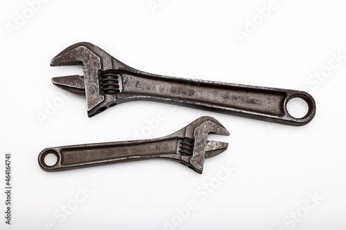 Old and rusty adjustable wrench collection on white background , Classic hand tools © Atlantist studio