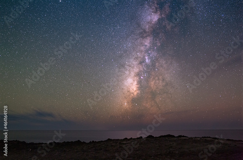 Milky Way Star Filled Clear Night Sky Over Ocean and Land 