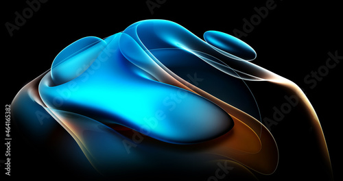 3d render of abstract art with part of surreal alien flower in curve wavy organic elegance biological lines forms in transparent glowing metal material in blue and orange gradient color on black