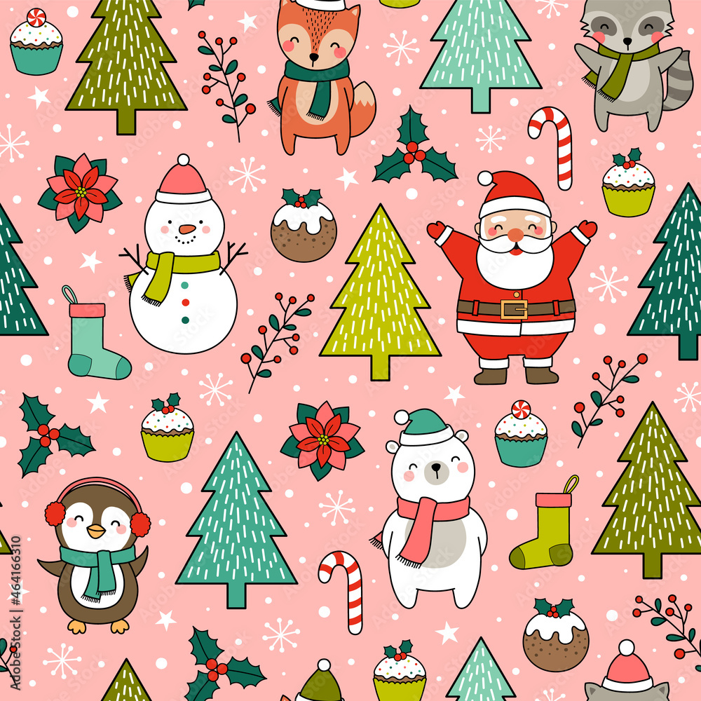 Fototapeta premium Cute cartoon character, pine trees and christmas elements seamless pattern background.