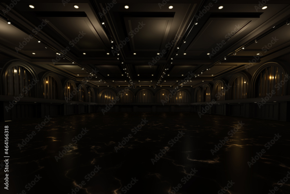Empty convention hall center .The backdrop for exhibition stands,booth elements. Meeting room for the conference.Big Arena for entertainment,concert,event. ballroom.3d render. - obrazy, fototapety, plakaty 