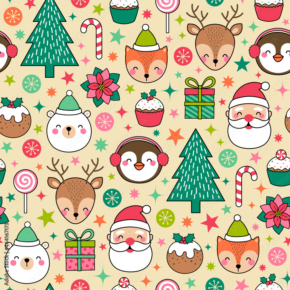 Fototapeta premium Cute cartoon character and christmas elements seamless pattern with star background.