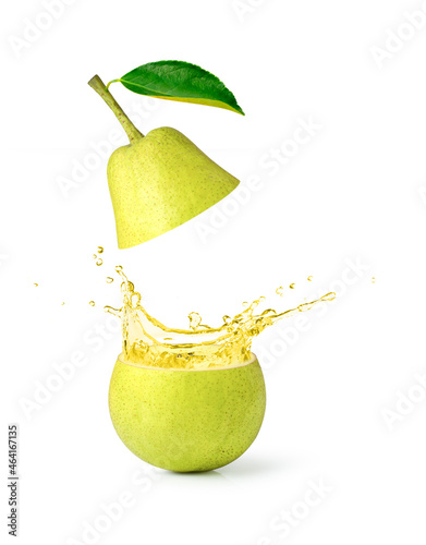  pear fruit with juice splashing isolated on white background.	 photo