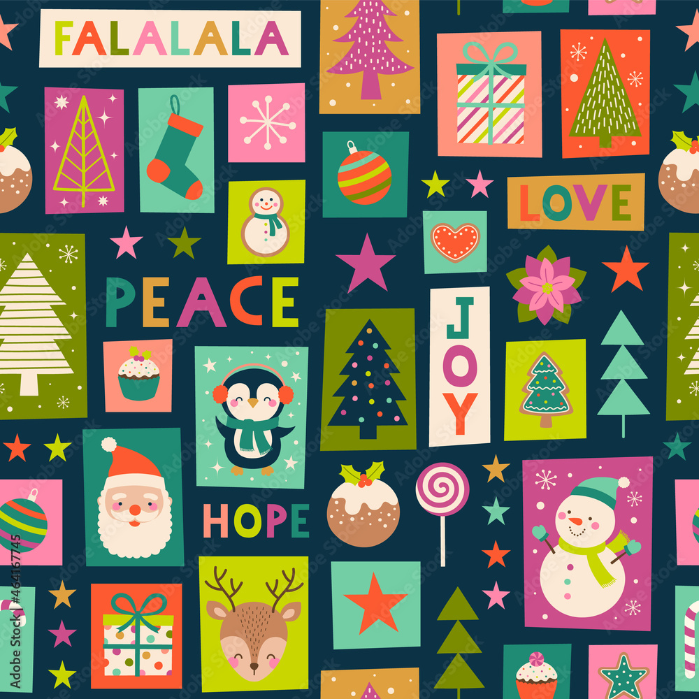 Fototapeta Cute cartoon character and decorative elements for christmas celebration background.
