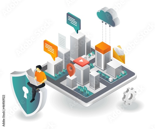 Man is controlling cloud server security for the city