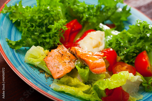 Delicious roasted trout fillet with lettuce salad, tomatoes and creamy sauce
