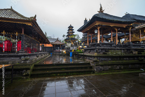 Altars in the Pura Besakih temple on Bali island in Indonesia at a rainy day