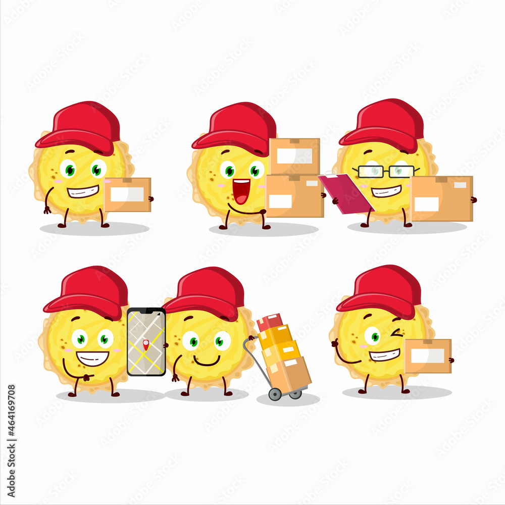 Cartoon character design of cheese tart working as a courier Cartoon character design of cheese tart working as a courier