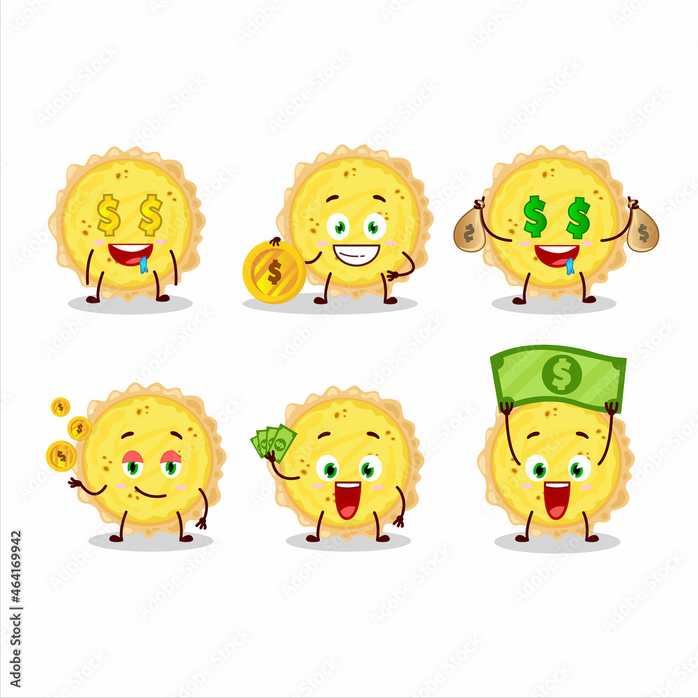 Cheese tart cartoon character with cute emoticon bring money