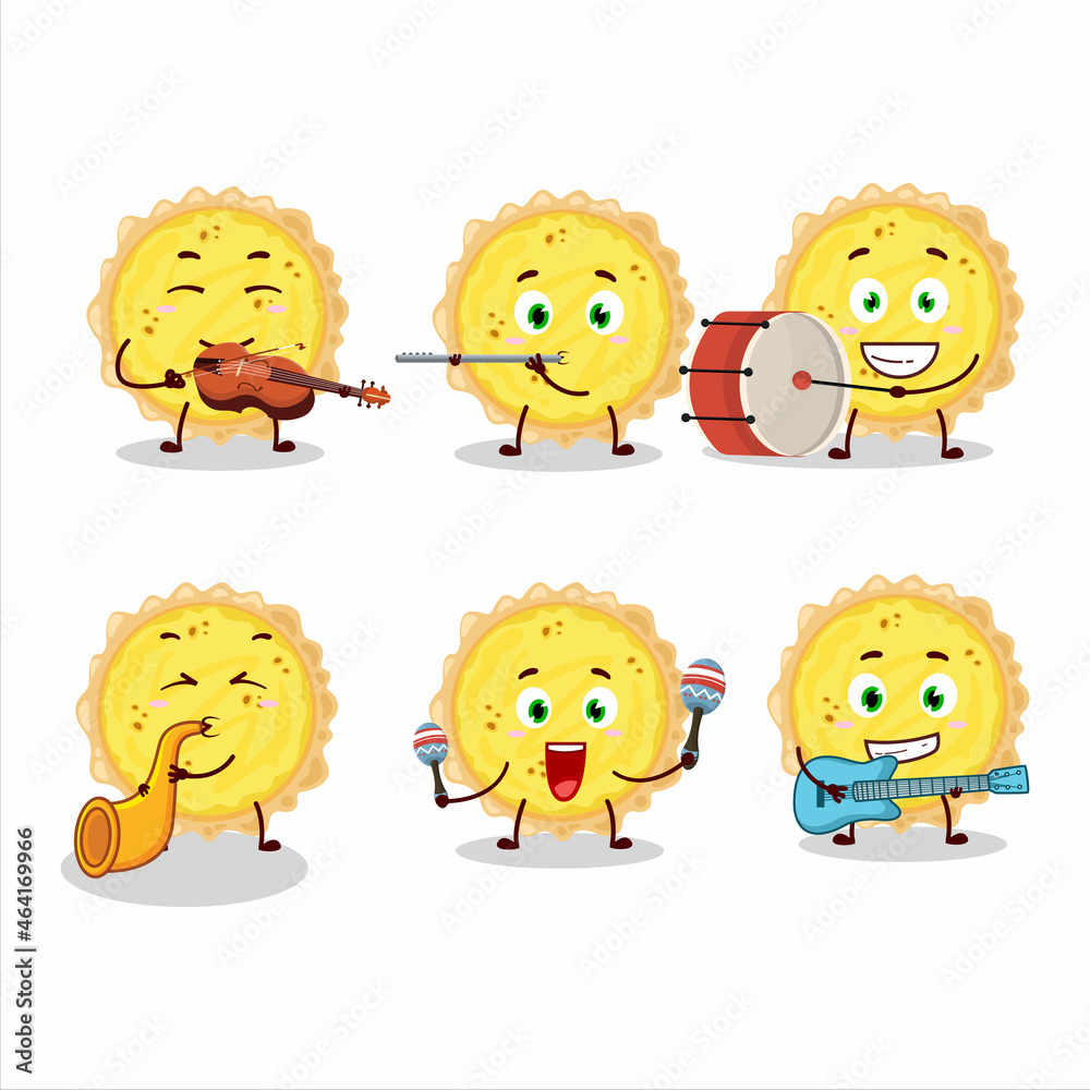 Cartoon character of cheese tart playing some musical instruments Cartoon character of cheese tart playing some musical instruments